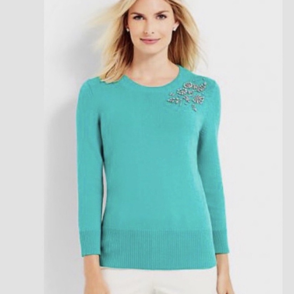 Talbots jewel Embellished Turquoise crew Sweater holiday/cotton/cashmere